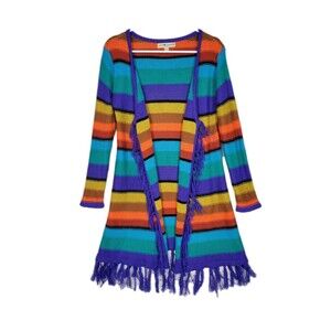 Fringed Multicolor Knit Striped Open Cardigan Duster Womens Small Boho Festival
